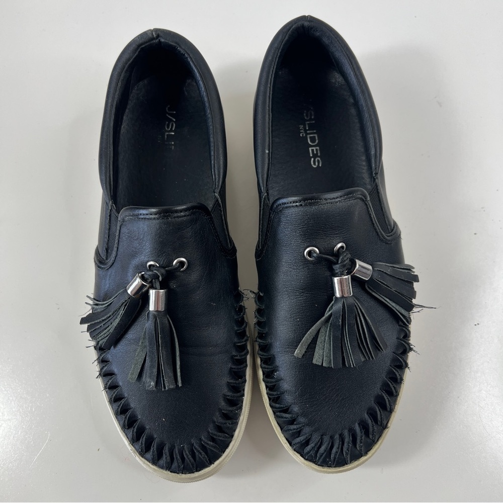 J/SLIDES Slip On Women’s Size 8 Aztec Tassle Cut Out Black Leather Shoes